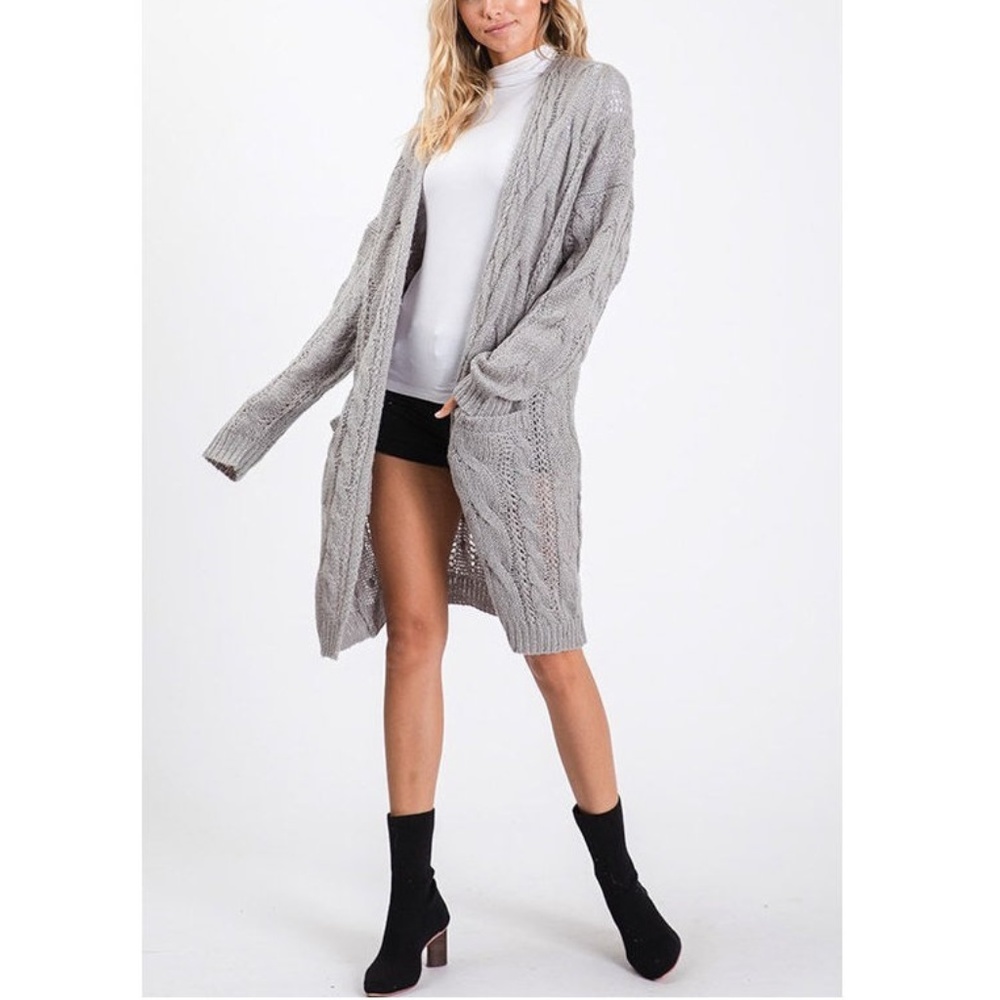 Gray Cable Knit Long Sweater Cardigan - Picture 4 of 5